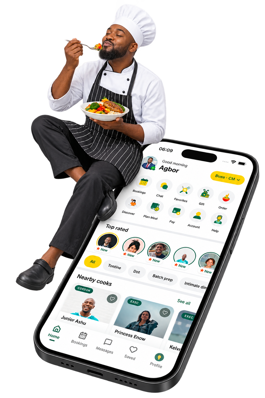 Cheffar chef app on a phone showing bookings and earnings